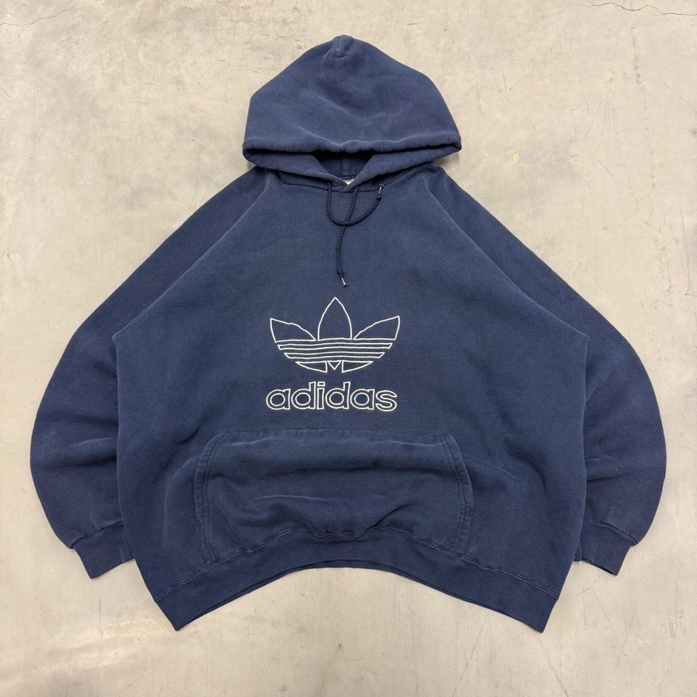 Vintage 90s Adidas Trefoil Hoodie Navy Blue Reverse Weave Made in USA Mens XL